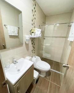 巴耶杜帕尔Hotel Olam Deluxe Valledupar的浴室配有卫生间、盥洗盆和淋浴。