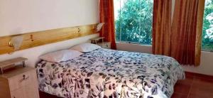 卡瓦纳科德Eden Lodge的一间卧室设有一张床和两个窗户。