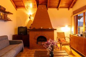 El TigreCabaña duplex el Sosiego.的客厅设有砖砌壁炉和沙发。