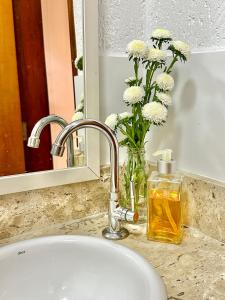 纽克莱欧·班代兰蒂CASA LUMEN Home Hostel的浴室水槽,花瓶和镜子
