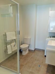 陶波陶波探索服务公寓的一间带卫生间和玻璃淋浴间的浴室