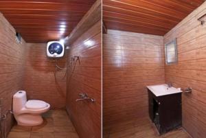 奈尼塔尔Goroomgo Long View Retreat Nainital的浴室的两张照片,配有卫生间和水槽