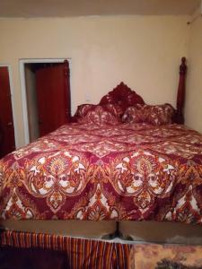 OracabessaBoothe's Palace的一间卧室配有一张带红色和金色床罩的床。