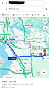 杰克逊维尔Fun Cozy Apts - 1 25 Mile Walk to TIAA Bnk Fld的带有快捷方式的谷歌地图页面的截图