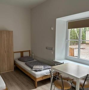 维尔纽斯菲拉雷泰旅馆的一间卧室配有一张床、一张桌子和一个窗户。