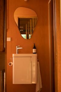 拉格伦Modern, Cosy Hideaway - Rua Nuka Raglan的一间带水槽和镜子的浴室