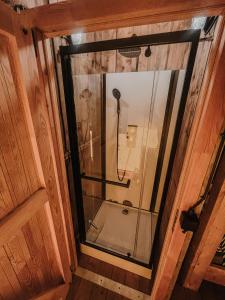 赫劳Glamping-tent 'Yatra Nirvana' met privé keuken en regendouche的带淋浴的浴室,带玻璃门