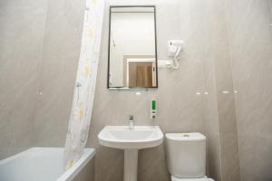 阿斯塔纳Отель Asyl的一间带水槽、卫生间和镜子的浴室