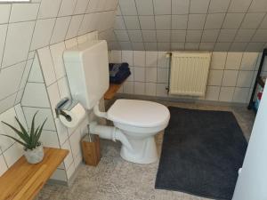 OesterdeichstrichFerienwohnung EINS nähe Büsum的浴室配有白色卫生间和植物