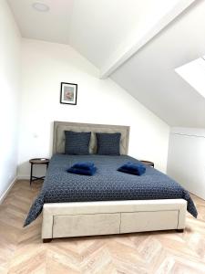 帕艾维坡斯特Magnifique Appartement Neuf, 5 Min Orly - Climatisé的一间卧室配有一张带蓝色枕头的床。