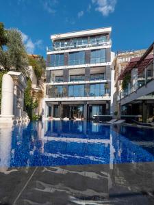 斯韦蒂·斯特凡Villa Geba Boutique Hotel的前面有蓝色泳池的建筑