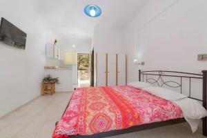 阿莫迪Ruassi Studios的一间卧室配有一张带红色毯子的大床