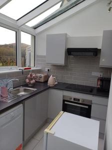 克利夫登Clifden Glen Cottage的白色的厨房设有水槽和窗户