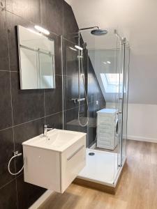 库姆巴赫Villa Plassenburg的浴室配有白色水槽和淋浴。