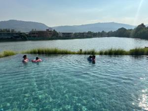 Ban Tha ChangKhaoyai Kirimaya Atta Residence 5 BR Villa的在湖中游泳的一群人
