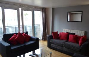 伦敦进入城市公寓的客厅配有2张黑色沙发和红色枕头