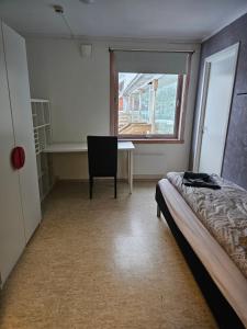 滕斯贝格Solvoll的一间卧室配有一张床、一张书桌和一个窗户。