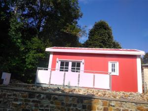 巴特马林贝格Ferienhaus in Bad Marienberg Westerwald mit Grill und Terrasse的石墙顶上的红白色房子