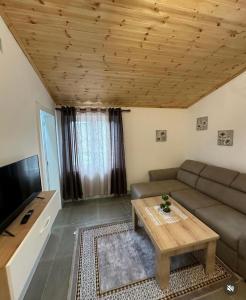 斯库台Qyteza Guest House & Camping的带沙发和咖啡桌的客厅