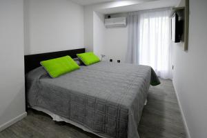 蒙得维的亚Quijano Hotel - Aparts & Suites的一间卧室配有一张带绿色枕头的床和一扇窗户