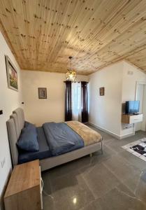 斯库台Qyteza Guest House & Camping的一间卧室设有一张床和木制天花板