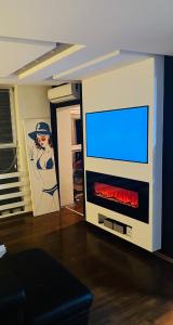 布尔奇科Apartman Centar的一间带电视和壁炉的客厅