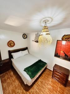 塔哈佐特Azoul Surf Hostel Taghazout的一间卧室配有一张床和一个吊灯
