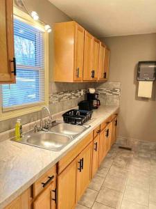 堪萨斯城The Woodland Villa的厨房配有水槽、木制橱柜和窗户。