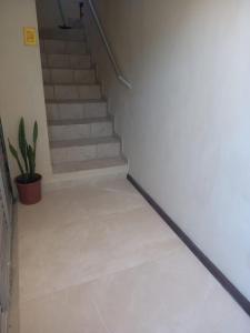弗洛里亚诺波利斯Loft pé na areia的走廊上设有楼梯和盆栽植物