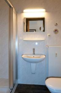 赫亨基尔兴Fewo Inselblick am Ostseestrand的一间带水槽、镜子和淋浴的浴室
