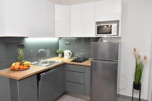 格拉达茨Nettes Appartement in Gradac mit Terrasse的厨房配有白色橱柜和不锈钢冰箱