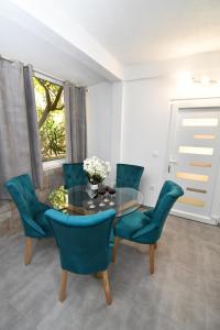 格拉达茨Nettes Appartement in Gradac mit Terrasse的一间设有玻璃桌和蓝色椅子的用餐室