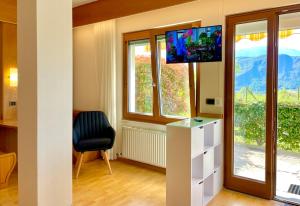 拉伊韦斯Hotel Garni Grüner Baum (Albero Verde)的客厅配有电视、椅子和窗户。