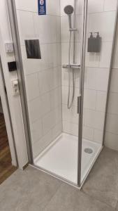 斯图加特Brandneues Stadtglanz Apartment的浴室里设有玻璃门淋浴