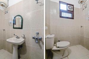 ArliOYO Hotel Triund Regency的浴室的两张照片,配有卫生间和水槽