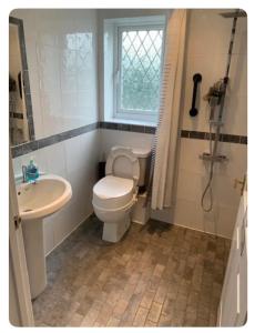 彻克The Little House, Oswestry的浴室配有卫生间、盥洗盆和淋浴。