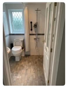 彻克The Little House, Oswestry的一间带卫生间和淋浴的浴室以及窗户。