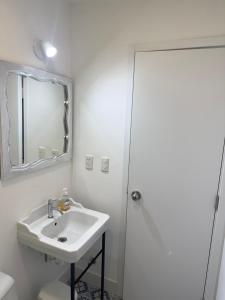 利马Friendly Apartment Tamayo的一间带水槽、镜子和淋浴的浴室