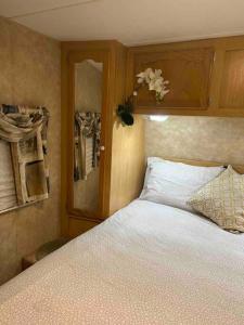 迈阿密WARM AND COZY RV 3的一间卧室配有一张床和一个花柜