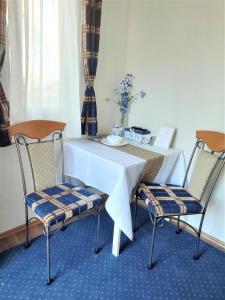 费尔特拉科什Ferienhaus in Fertrákos mit Garten, Terrasse und Grill的一张桌子和两把椅子,配有一张白色的桌子和一张桌子