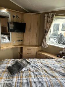 科克茅斯Daffodil Lodge的一间卧室设有一张床、一台电视和一个窗口。