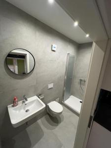 维也纳新城Innenstadtwohnung mit Klima - RMI 1的一间带水槽、卫生间和镜子的浴室