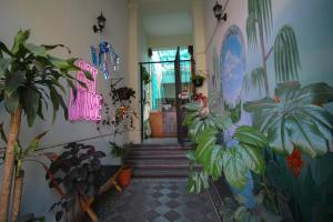 瓜达拉哈拉Art House Hostel Guadalajara的墙上挂着植物和 ⁇ 虹灯的走廊