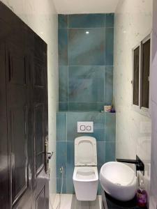拉各斯Loft and Luxe Apartment的浴室配有白色卫生间和盥洗盆。