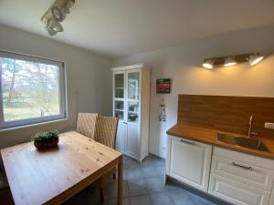 普鲁滕Ferienhaus Boddenblick mit Sauna的厨房配有木桌和水槽。