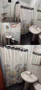 阿亚库乔Vicencio的浴室设有2个水槽和1个淋浴帘