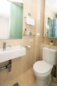 墨尔本Chic Studio Apartment in Melbournes CBD的一间带卫生间、水槽和镜子的浴室