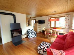 图拉彻霍赫Sunlit Cabin with Jacuzzi in Turracherhohe的客厅设有红色的沙发和壁炉