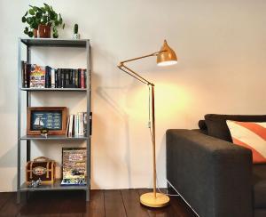 杜伊斯堡Apartments "Am Rheinorange", Netflix, Amazon Prime的沙发旁客厅的一盏灯