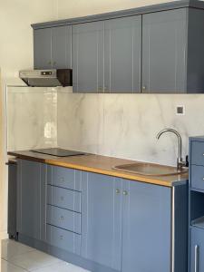 弗尔卡Voula's apartment 2的厨房配有蓝色橱柜和水槽